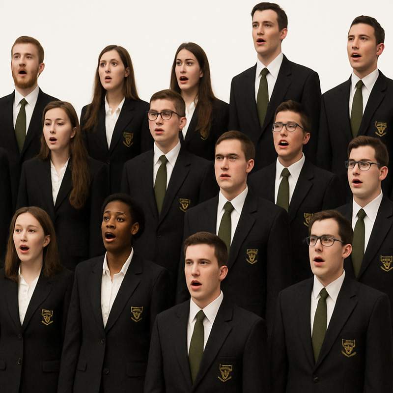 Choir singing in matching black blazers with olive green ties and embroidered crest against a white background.